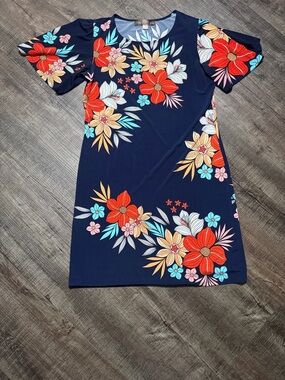 Navy Floral Mini Dress with Red & Coral Blooms